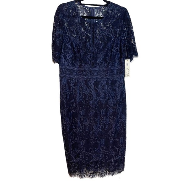 ELIZA J Sheath Elbow Sleeve Trim Detail Dress Navy Size 14 Fits like 12 NWT - Picture 3 of 12